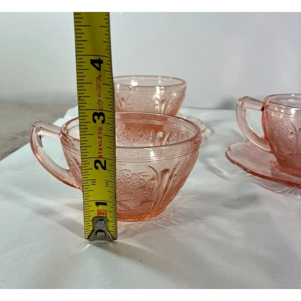 Jeannette Pink Cherry Blossom Depression Glass Cups Saucers 10 Pc Set VTG
